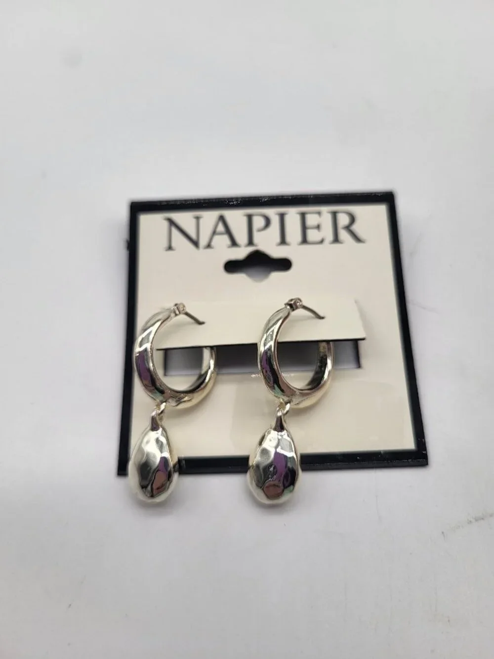 Napier Hammered Look Silver Tone Hoop Dangle Drop Earrings - Picture 2 of 4